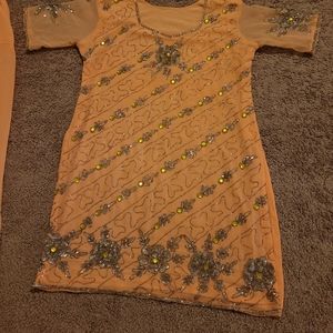 3 pieces Indian clothes suits embroidery with beads peach colors shafun fabric.